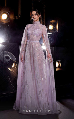 MNM Couture K3975 cape sleeve A-line evening gown front view