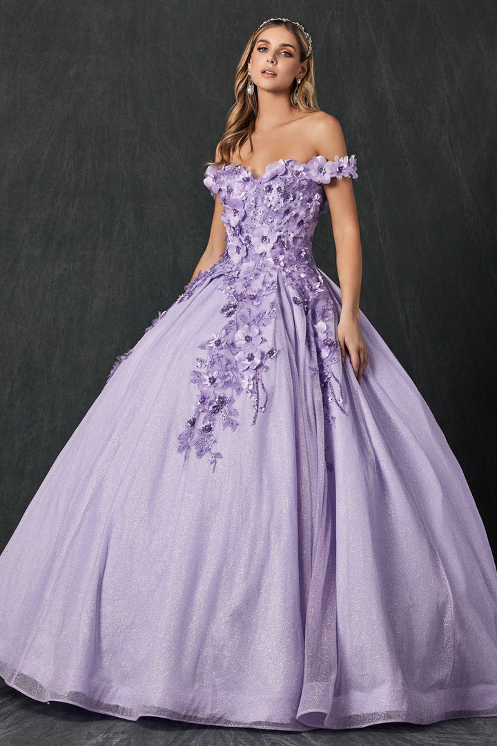 Juliet 1433 off-shoulder floral applique sweetheart ball gown quinceanera dress front view