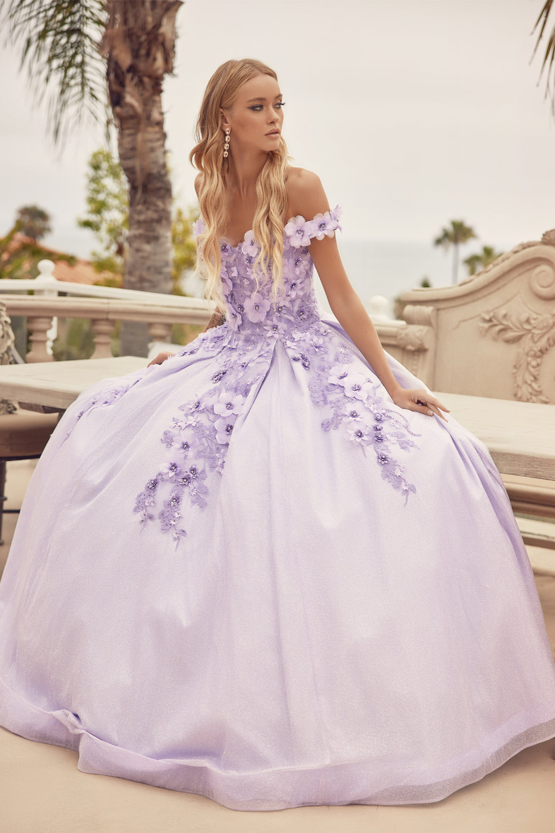 Juliet 1433 off-shoulder floral applique sweetheart ball gown quinceanera dress front view, option 2
