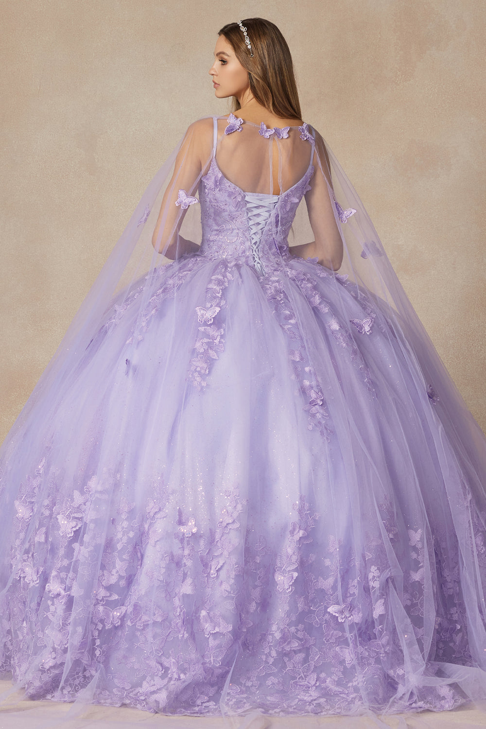 Juliet 1442 butterfly appliqué cape quinceanera dress back view with lace-up back and cape