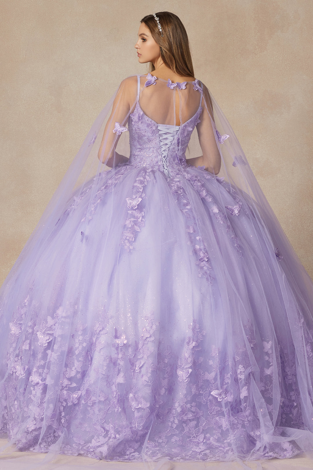 Juliet 1442 butterfly appliqué cape quinceanera dress back view with lace-up back and cape