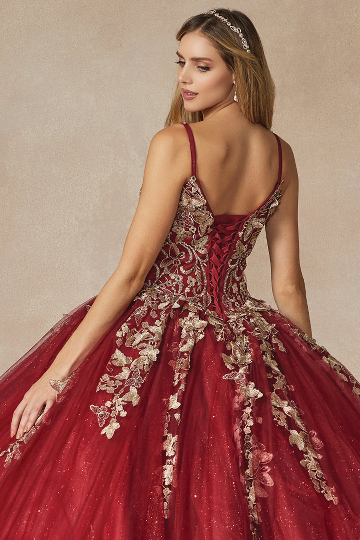 Juliet 1442 butterfly appliqué cape quinceanera dress back view with lace-up back, option 2