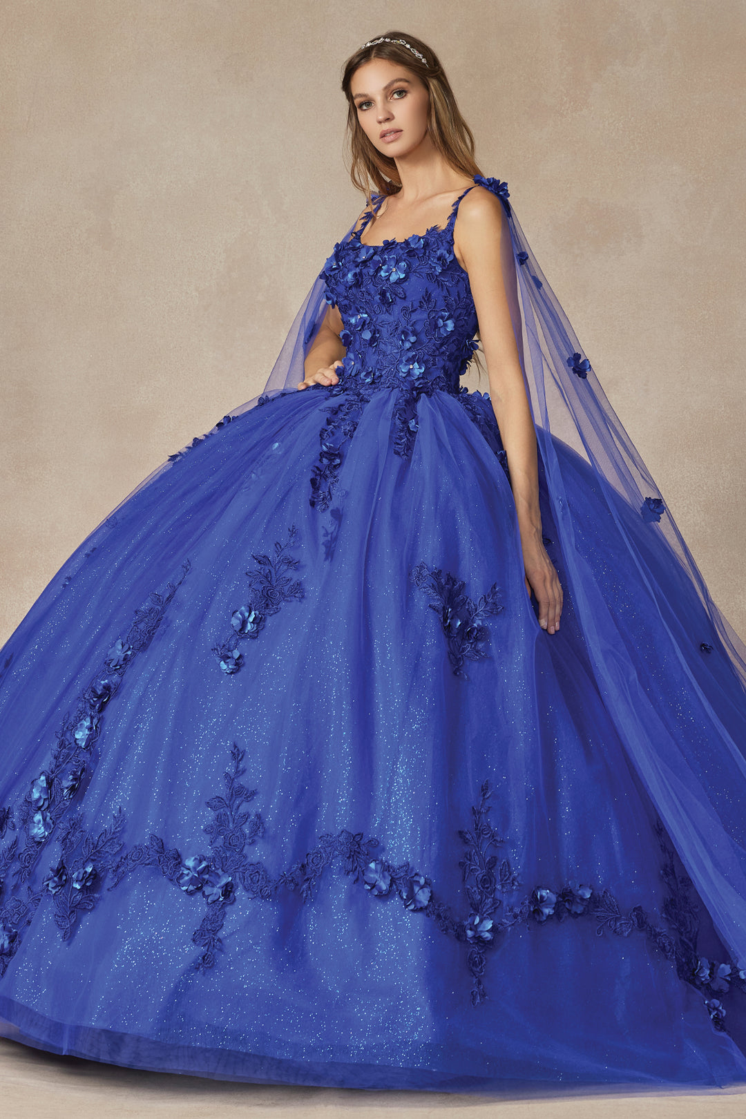 Juliet 1436 attached cape 3D floral applique ball gown quinceanera dress front view, option 2