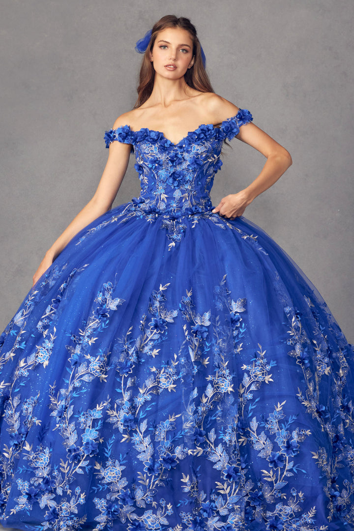 Juliet 1447 off-shoulder floral appliqué quinceanera dress front view, option 3
