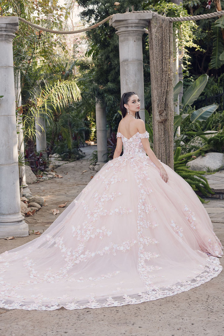 Juliet JT1460J off-shoulder floral appliqué quinceanera ball gown back view with train