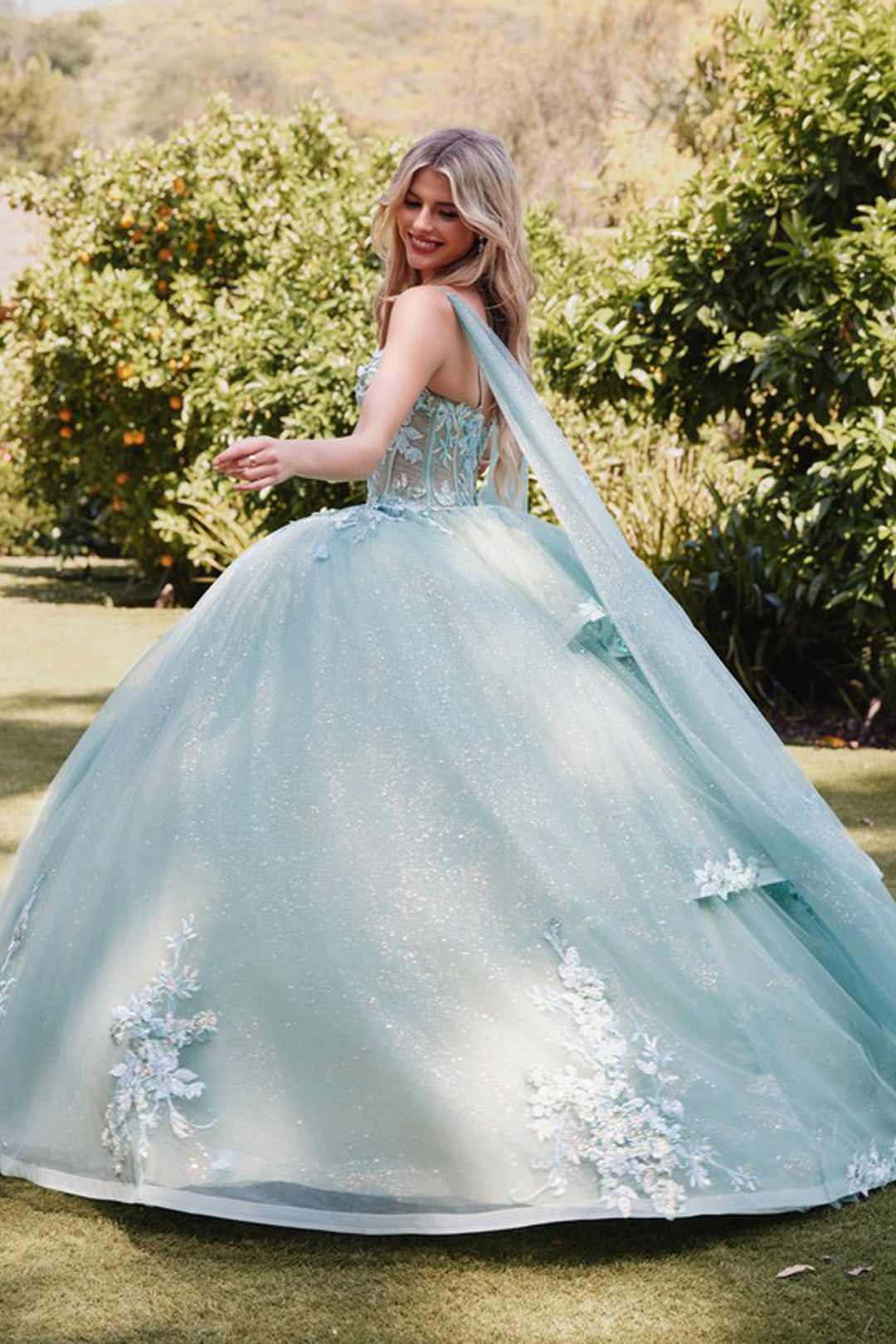 Juliet JT1466H ball gown side view with cape sleeves option 2