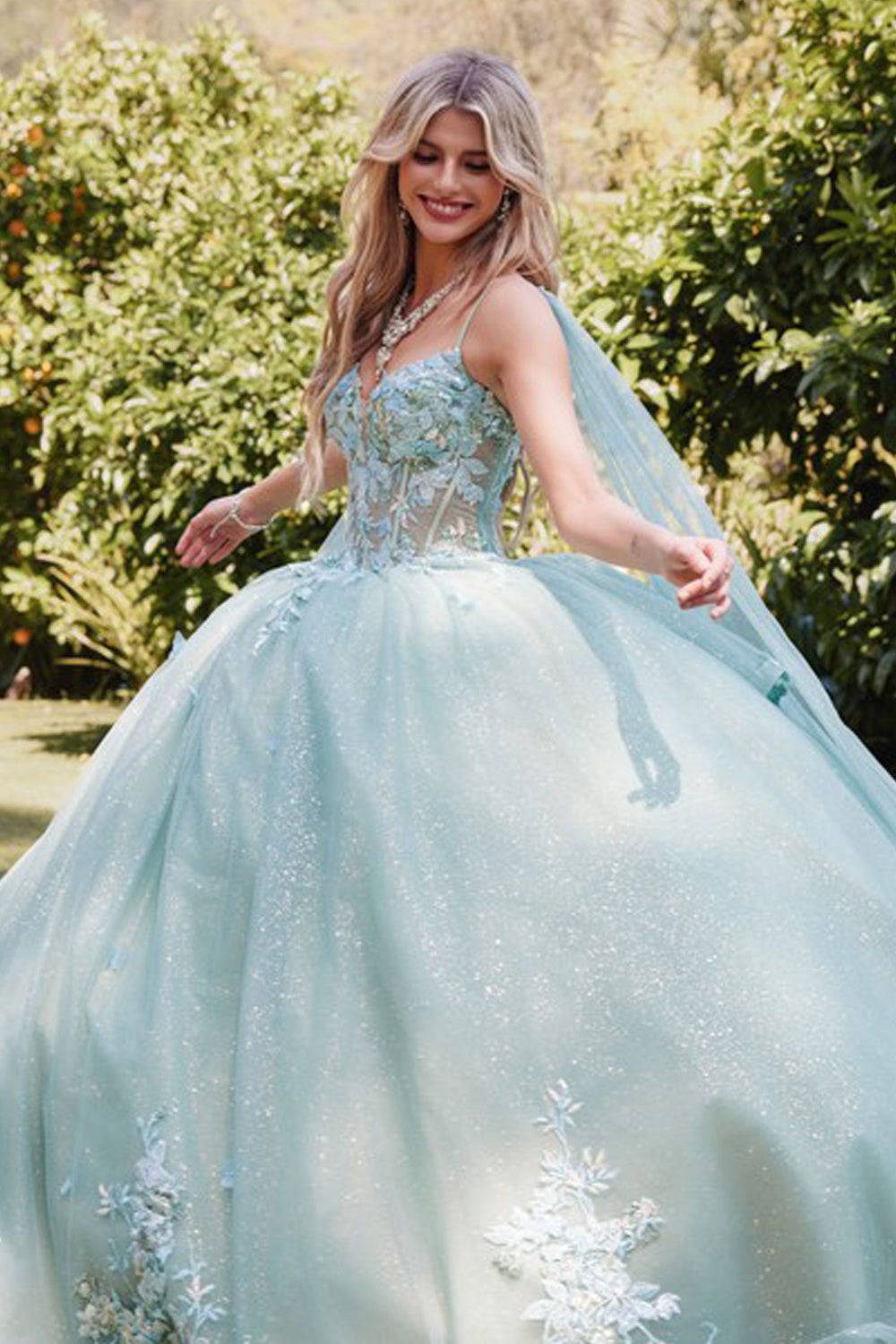 Juliet JT1466H ball gown side view with cape sleeves