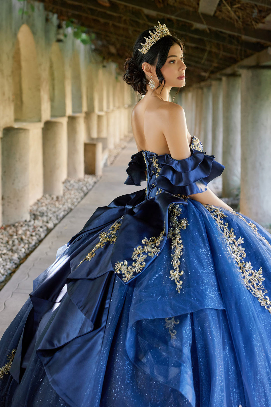 Juliet JT1504J ball gown back view with bow and layered tiers option 2