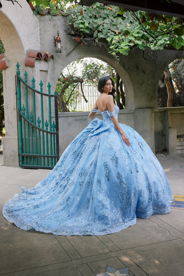 Juliet JT1510H off-shoulder quinceanera ball gown back view with train