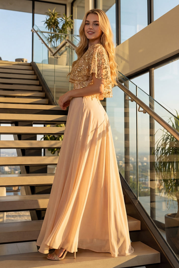 Juliet JTM21L beaded two-piece mother of the bride dress side view with beaded overlay, option 3
