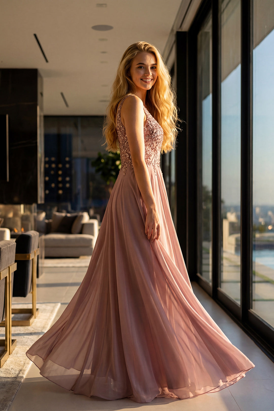 Juliet JTM21L beaded two-piece mother of the bride dress side view of sleeveless beaded bodice