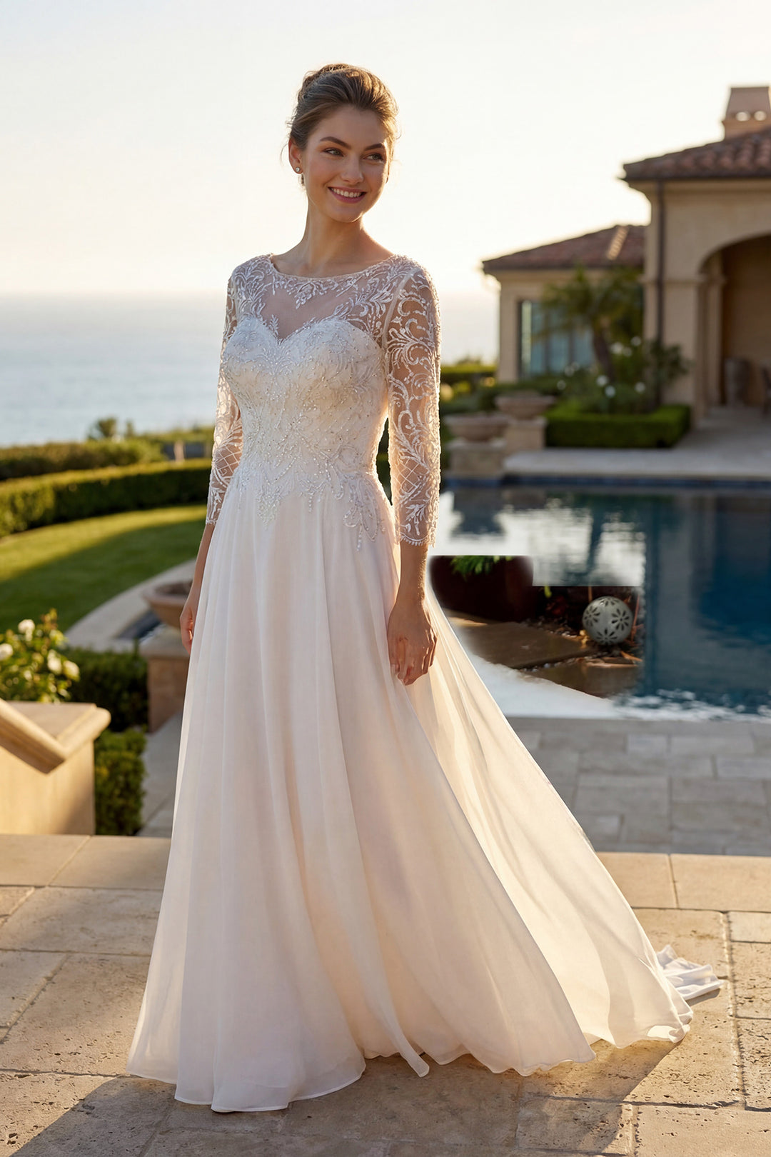Juliet M11-W illusion sleeve mother of the bride dress front view