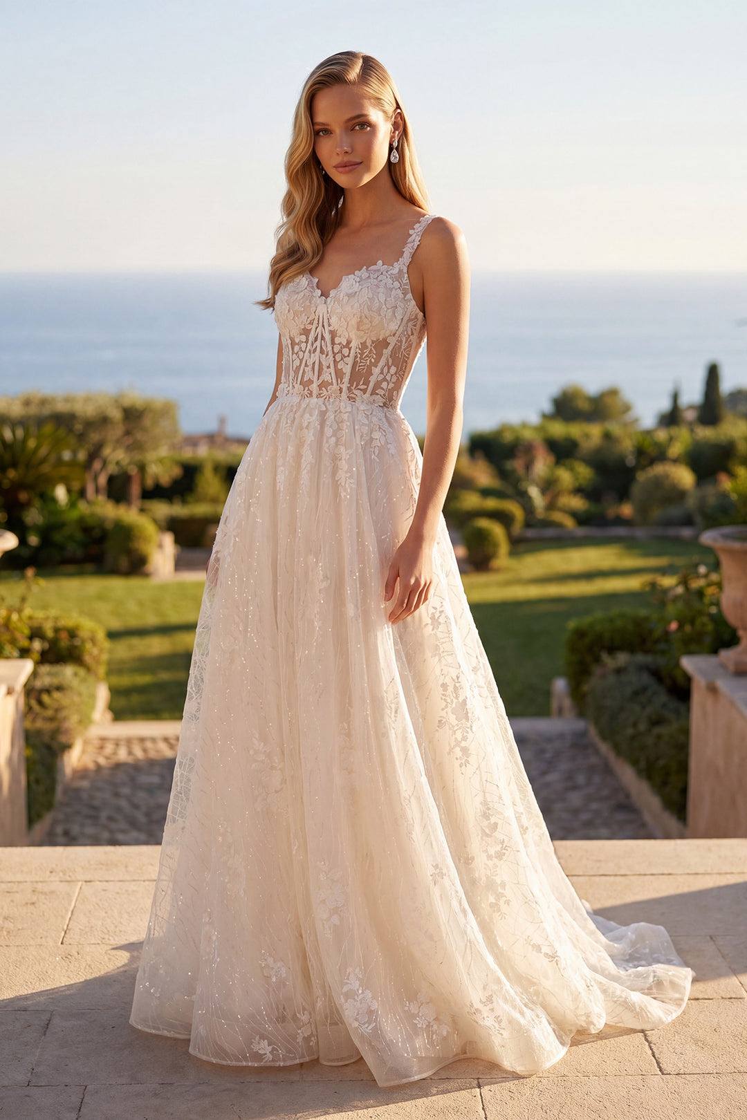 Juliet JT2495AW sleeveless sweetheart corset bodice A-line bridal gown front view