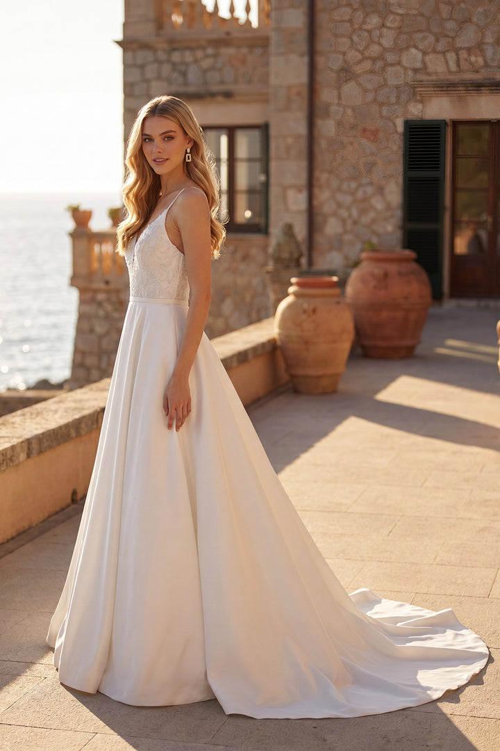 Juliet JT2603CW A-line bridal gown side view with train