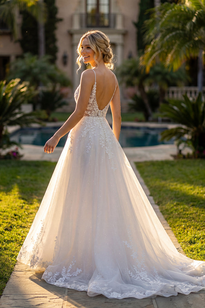 Juliet JT2633LW V-neck A-line bridal gown with open back and sweeping train, back view
