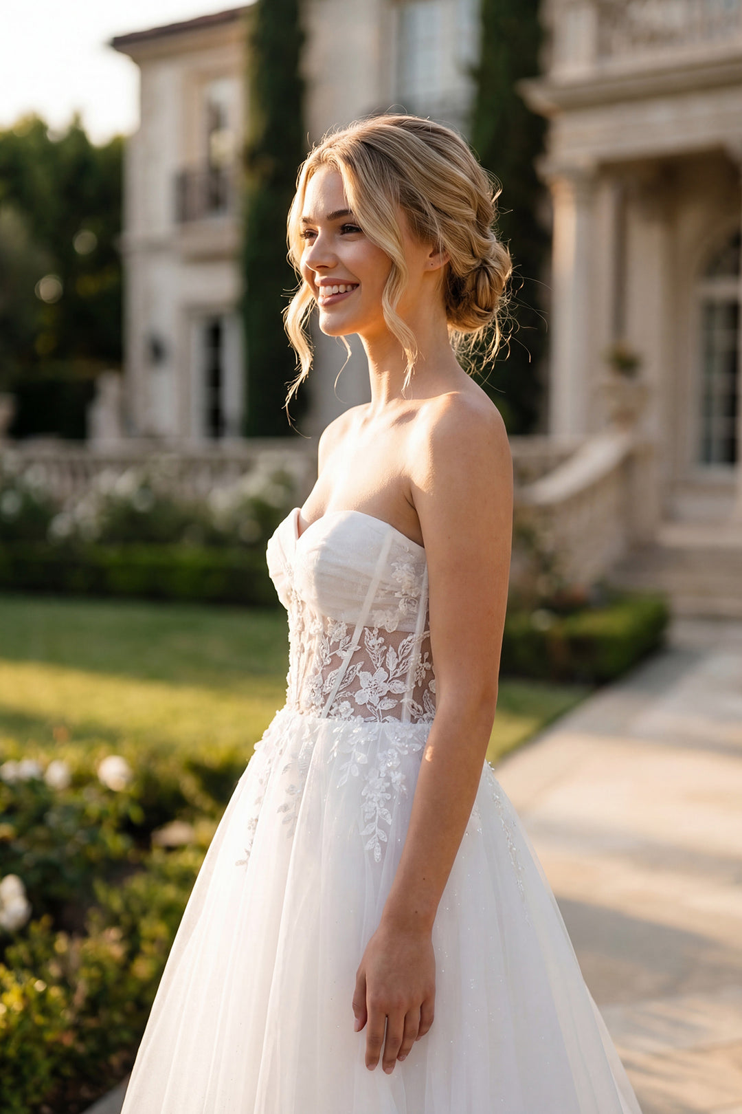 Juliet JT2702AW strapless sweetheart sheer embroidered waist bridal gown side view