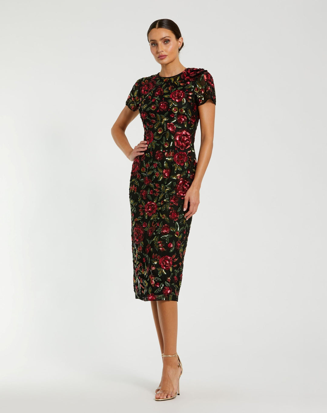 Mac Duggal 10075 High Neck Floral Embellished Midi Dress