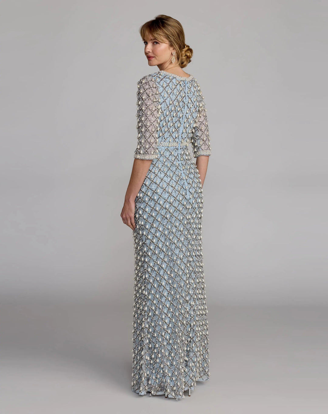 Mac Duggal 9910099P Beaded Pearl Lattice Sheath Gown