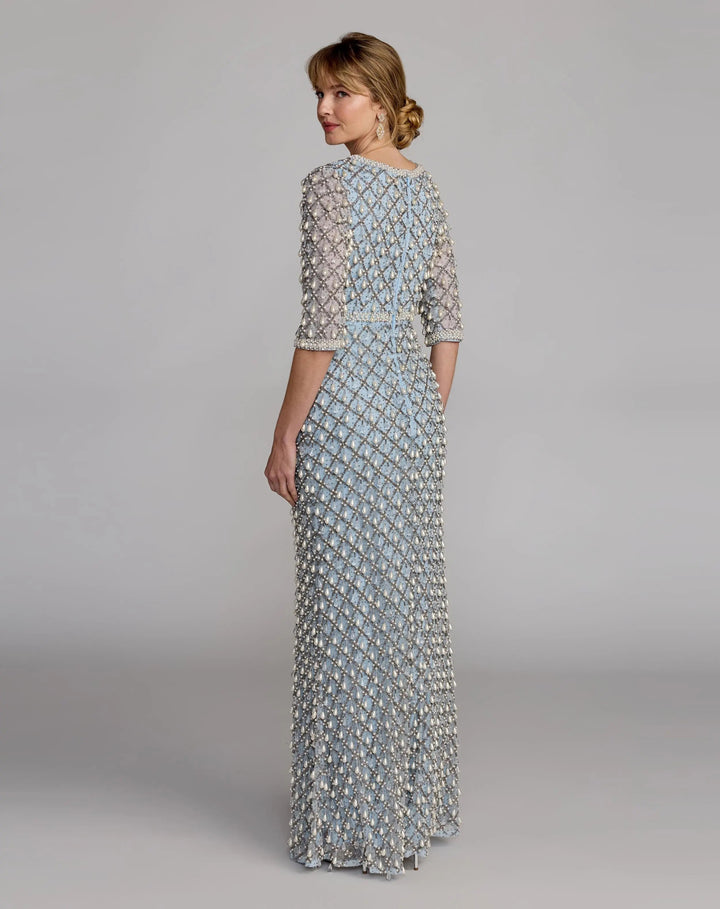 Mac Duggal 9910099P Beaded Pearl Lattice Sheath Gown