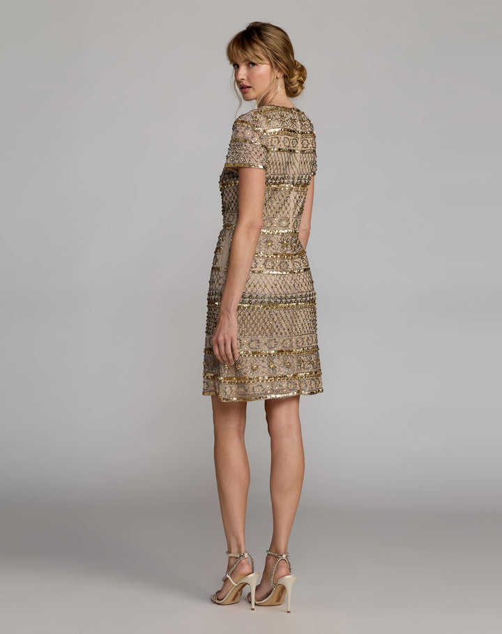 Mac Duggal 10113 Gold Short Sleeve Embellished Mini Dress