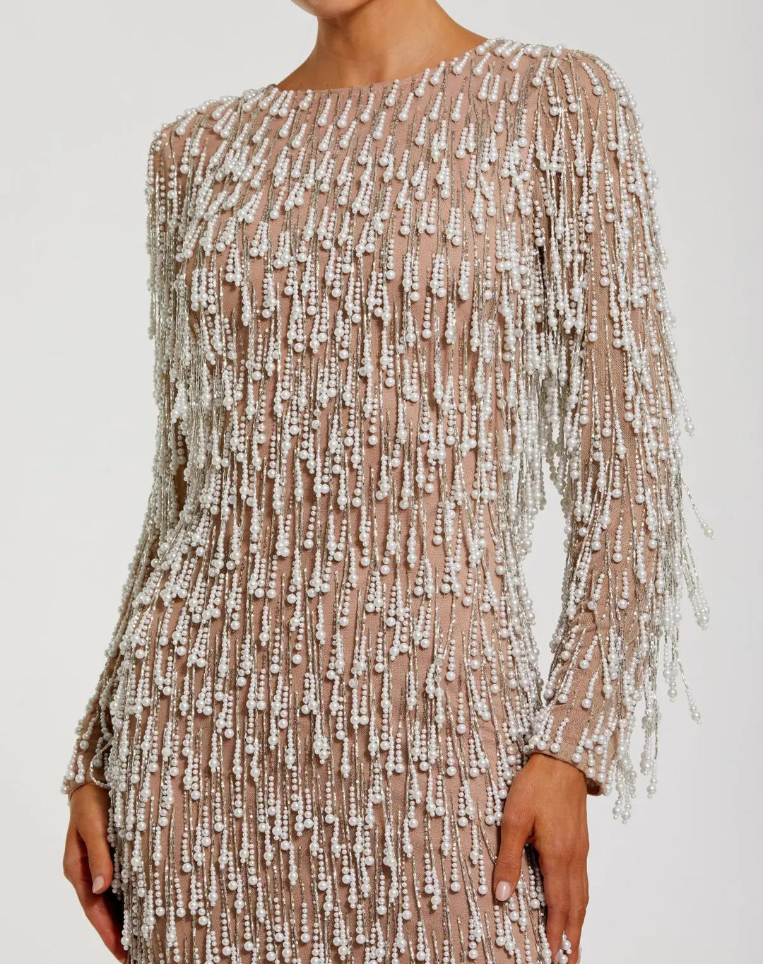 Beige Long Sleeve Midi Dress With Embellished Fringe - FOSTANI.com