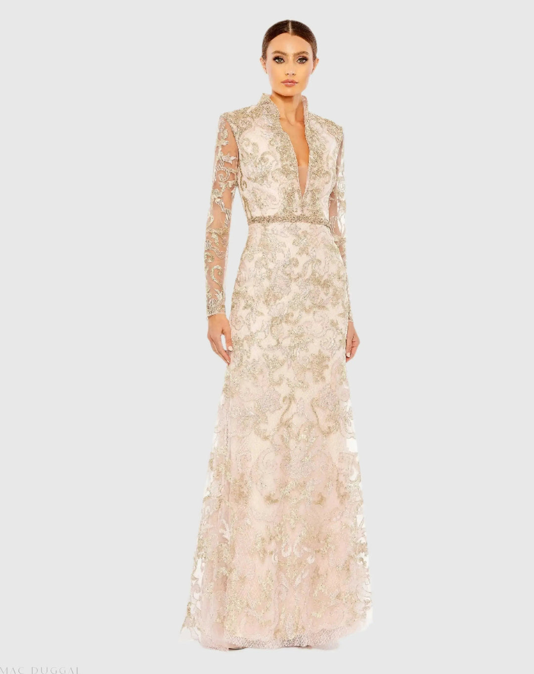 Mac Duggal 11165 Queen Anne Lace Long Sleeve V-Neck Trumpet Gown