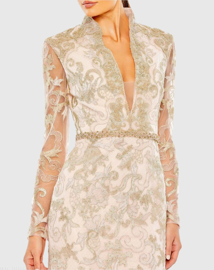 Mac Duggal 11165 Queen Anne Lace Long Sleeve V-Neck Trumpet Gown