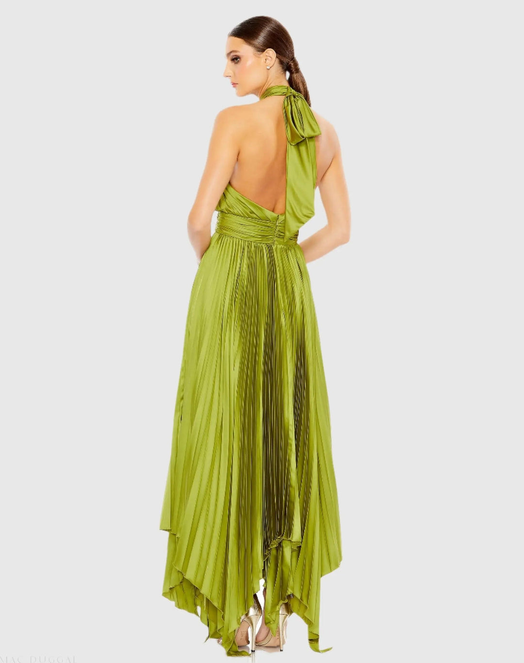 Mac Duggal 11302 Pleated Halter Neck Asymmetrical Hem Gown