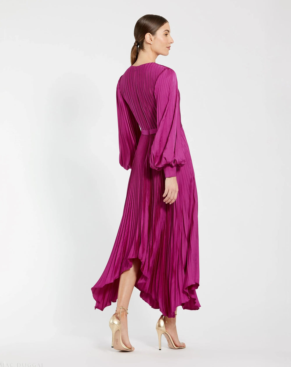 Purple Long Sleeve Pleated Charmeuse Handkerchief Dress - FOSTANI.com