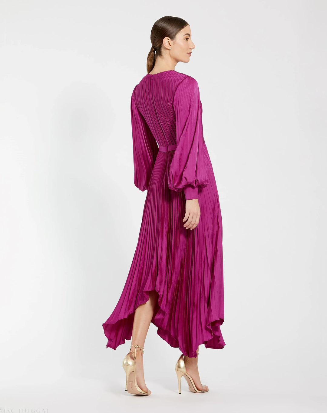 Purple Long Sleeve Pleated Charmeuse Handkerchief Dress - FOSTANI.com