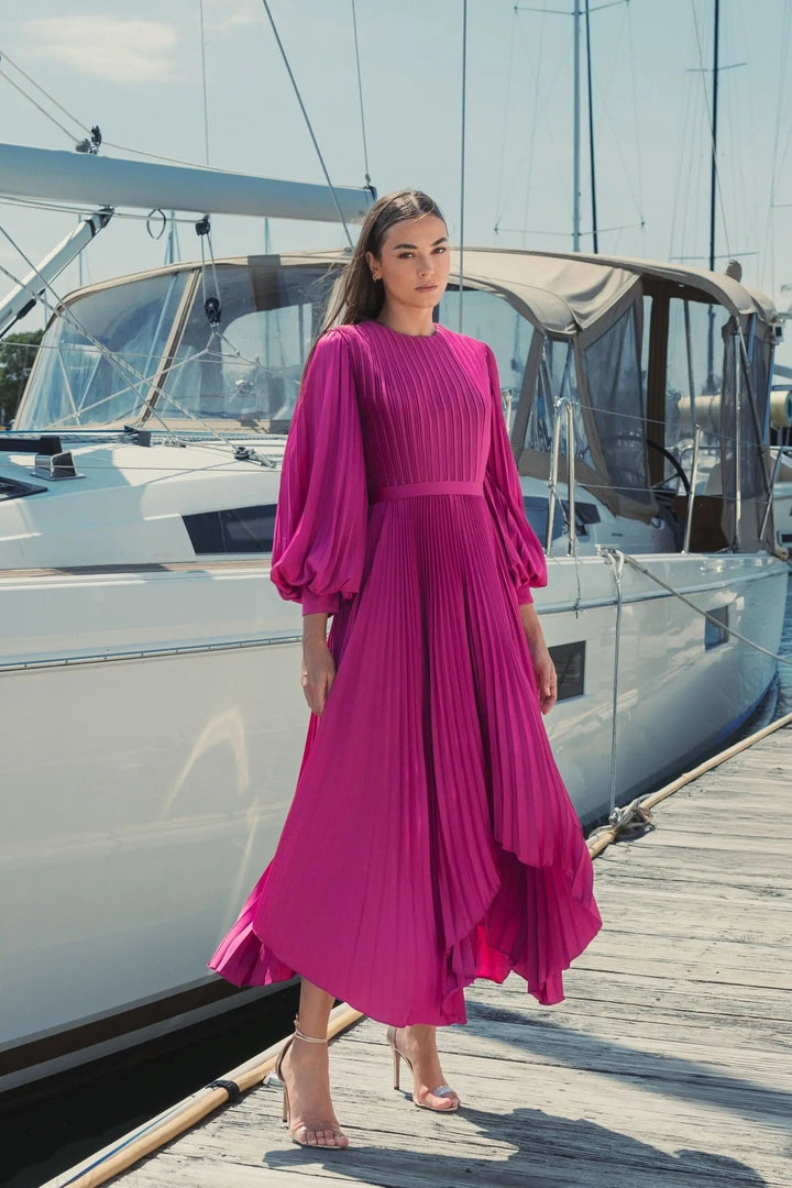 Purple Long Sleeve Pleated Charmeuse Handkerchief Dress - FOSTANI.com