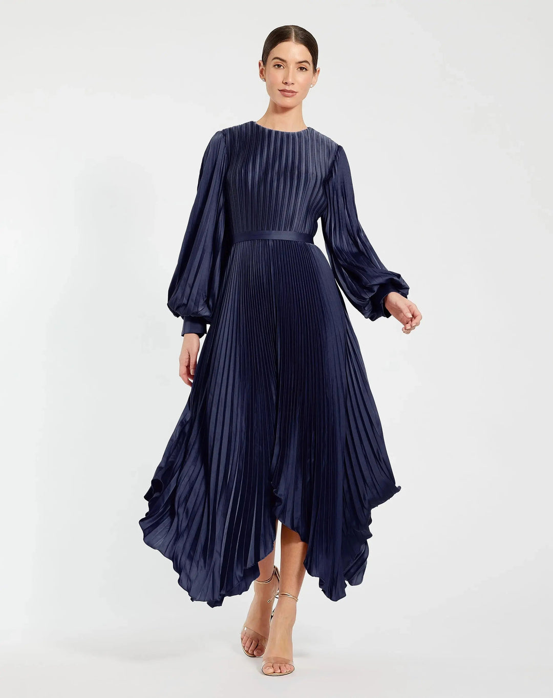 Navy Long Sleeve Pleated Charmeuse Handkerchief Dress - FOSTANI.com