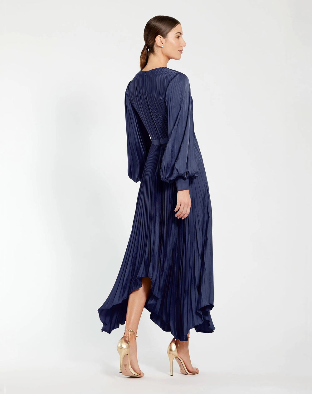 Navy Long Sleeve Pleated Charmeuse Handkerchief Dress - FOSTANI.com