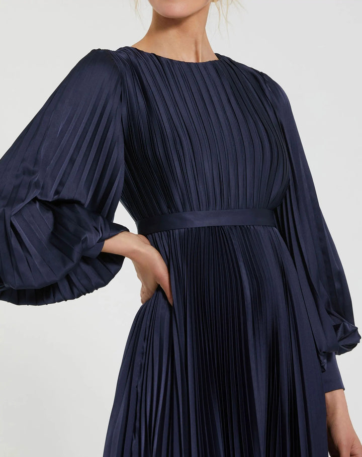 Navy Long Sleeve Pleated Charmeuse Handkerchief Dress - FOSTANI.com