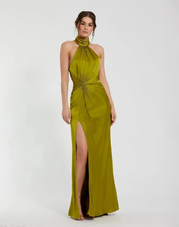 Dark Green Open Back High Neck Side Ruched Gown - FOSTANI.com