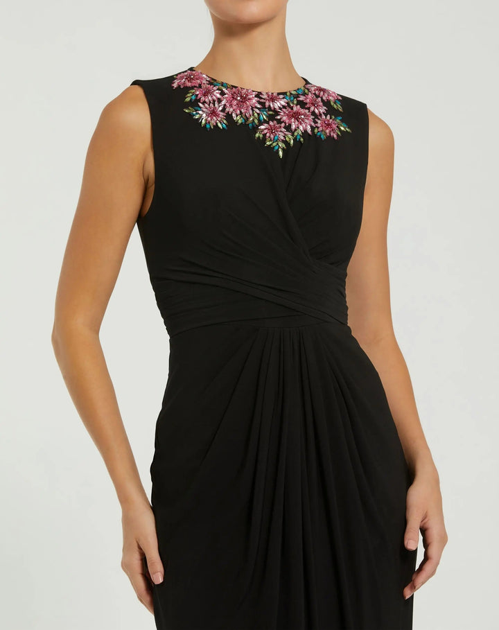 Black Jersey Twist Gown With Embellished Neckline - FOSTANI.com