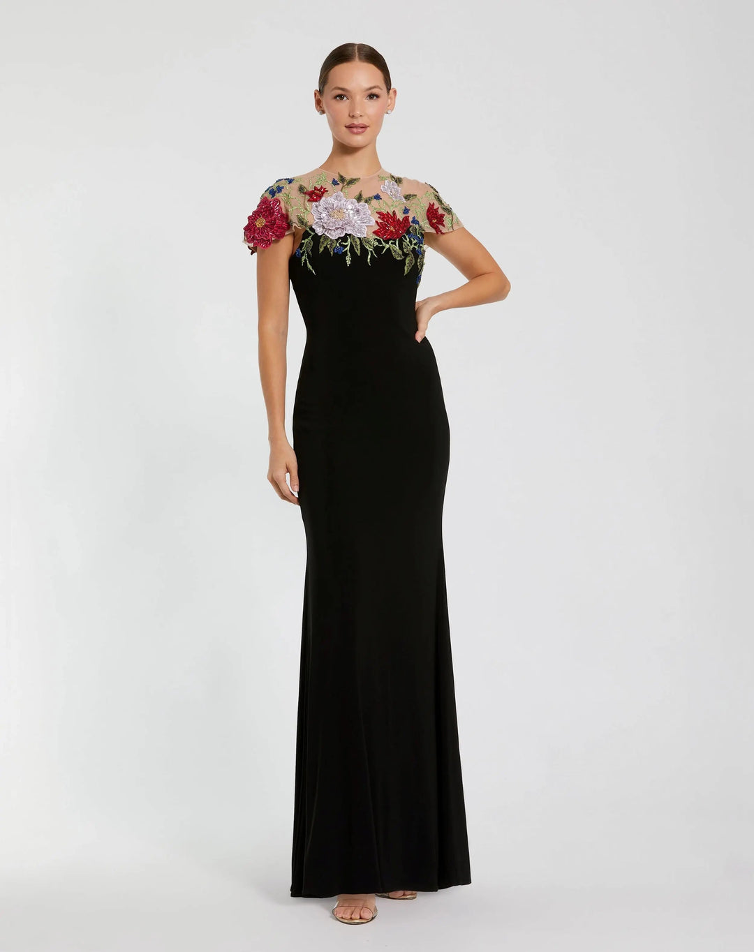 Black Floral Embellished Jersey Column Gown - FOSTANI.com