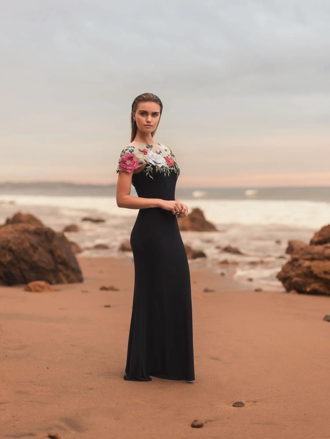 Black Floral Embellished Jersey Column Gown - FOSTANI.com