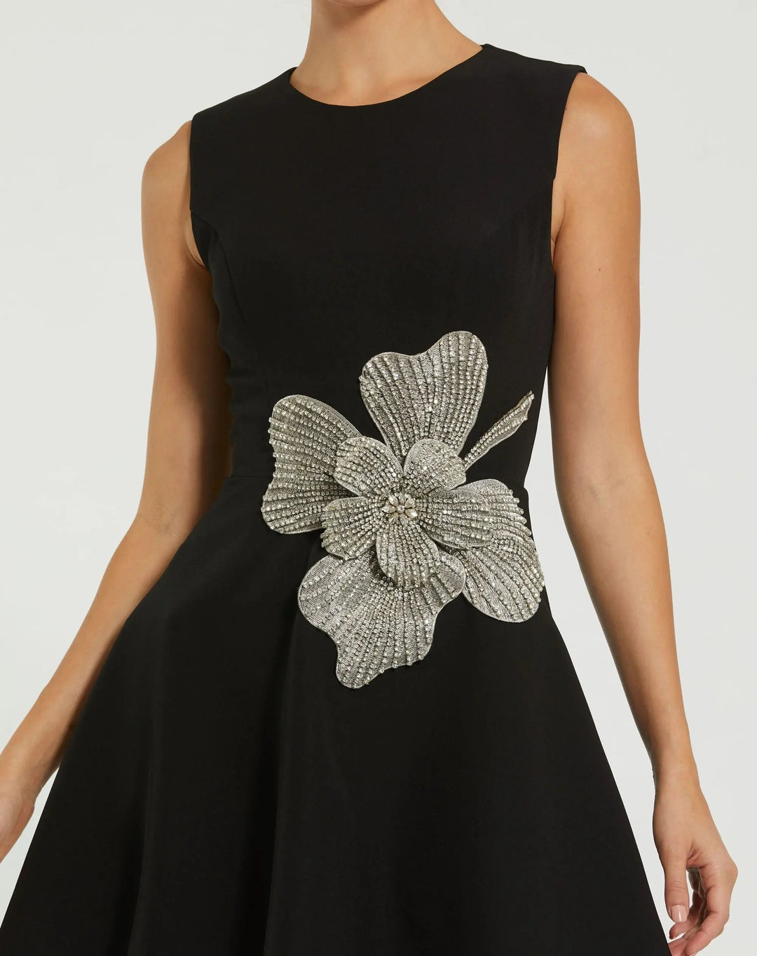 Black Sleeveless Crepe Mini Dress With Rhinestone Flower - FOSTANI.com