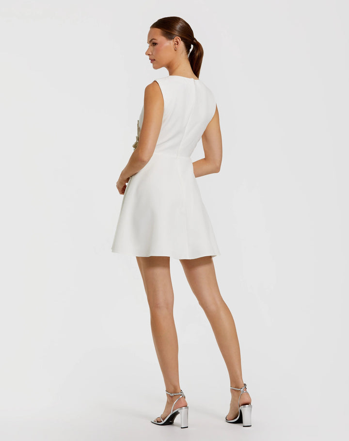 White Sleeveless Crepe Mini Dress With Rhinestone Flower - FOSTANI.com