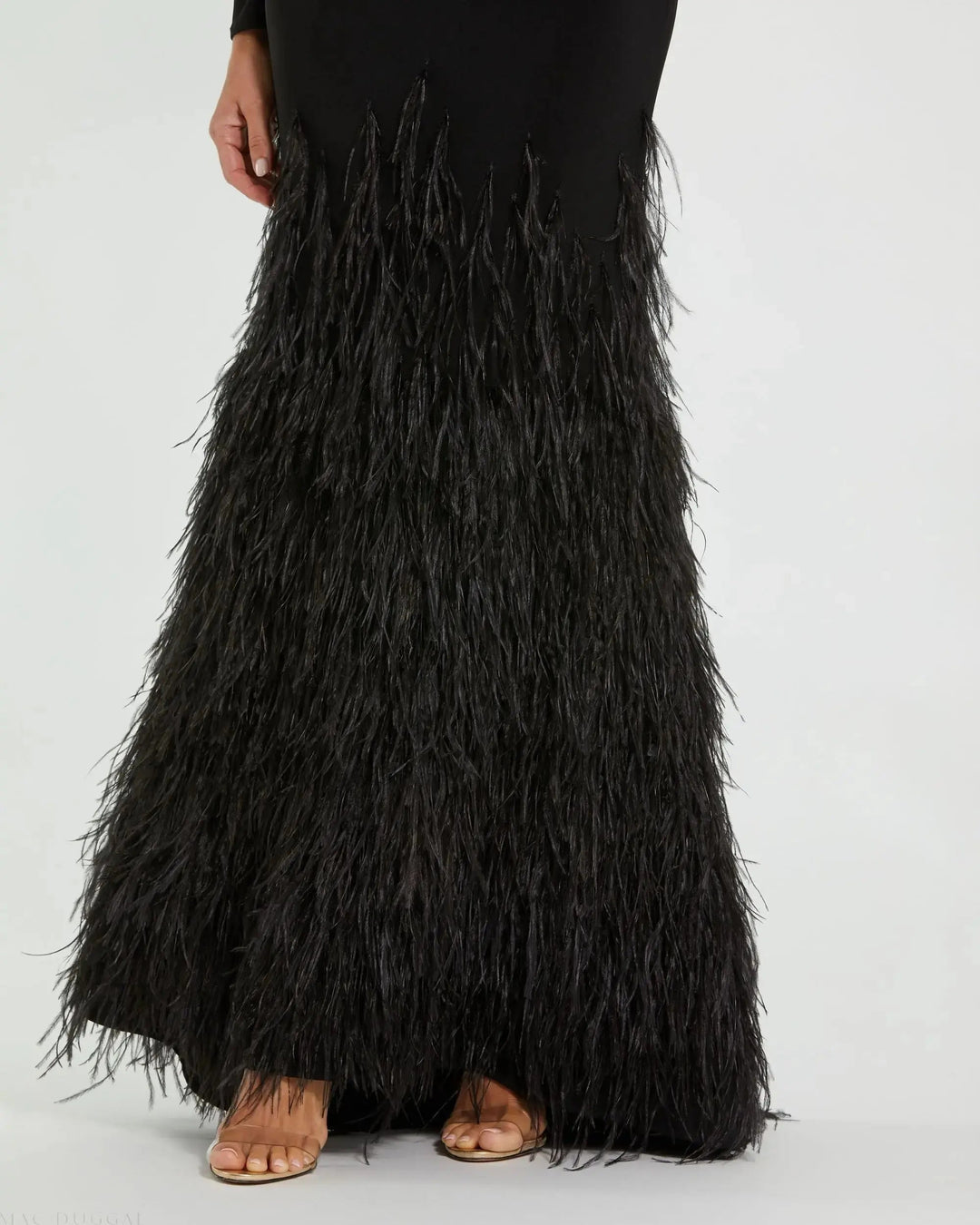 Mac Duggal 11839 Long Sleeve High Neck Feather Trim Gown