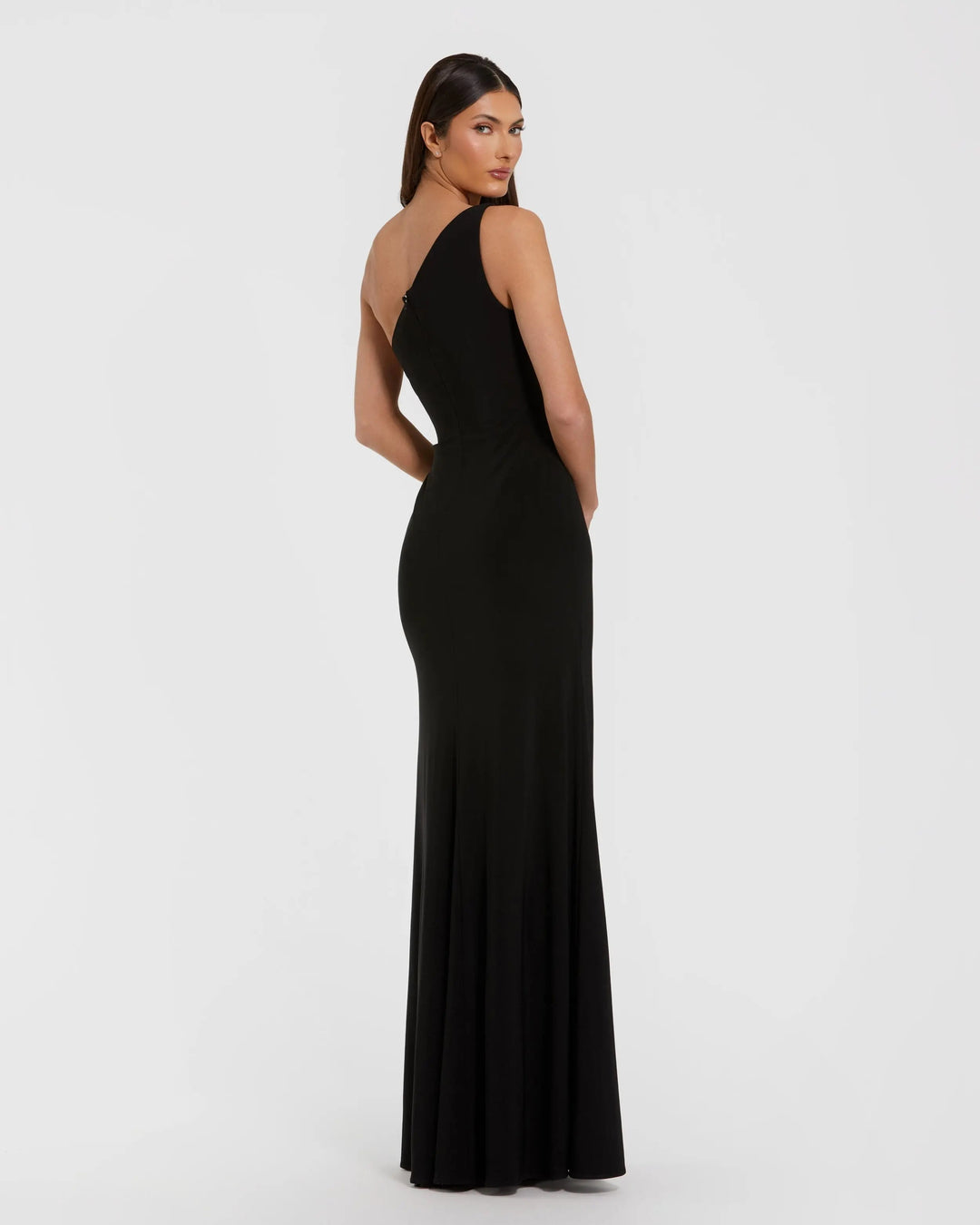 Black One Shoulder Jersey Gown With Rhinestone Flower - FOSTANI.com