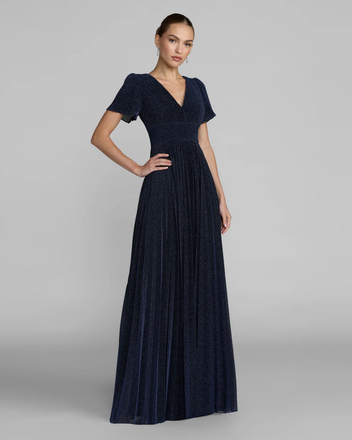 Mac Duggal 11881 Pleated Metallic Flutter Sleeve A Line Gown