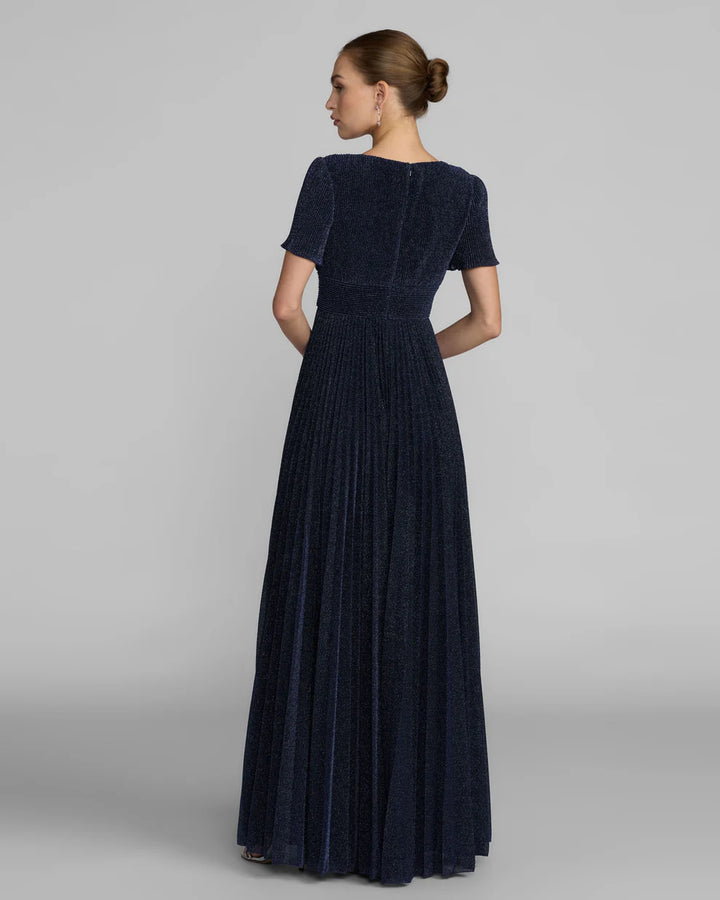 Mac Duggal 11881 Pleated Metallic Flutter Sleeve A Line Gown