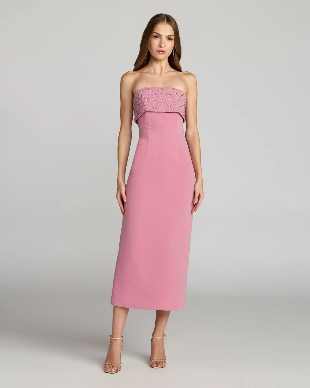 Pink Strapless Crepe Midi Dress With Rhinestone Detail - FOSTANI.com