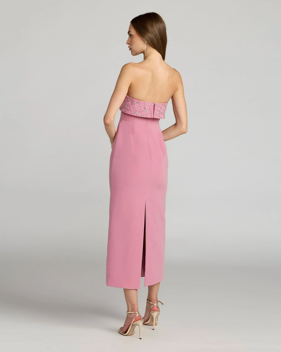 Pink Strapless Crepe Midi Dress With Rhinestone Detail - FOSTANI.com