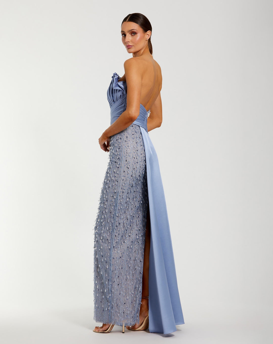 Blue Beaded Lace Column Gown with Satin Sash - FOSTANI.com