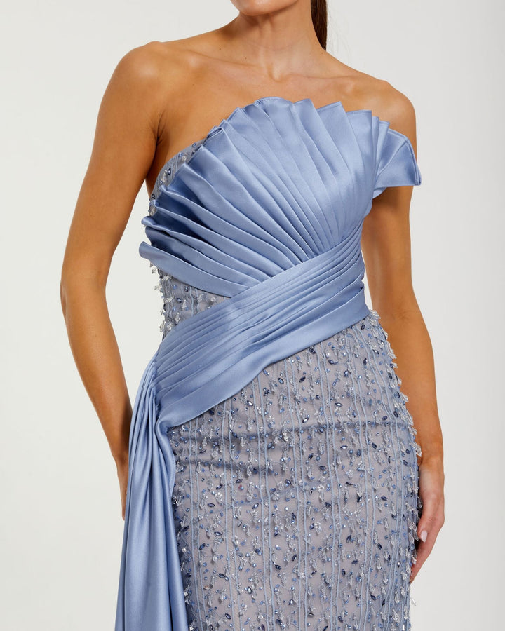 Blue Beaded Lace Column Gown with Satin Sash - FOSTANI.com