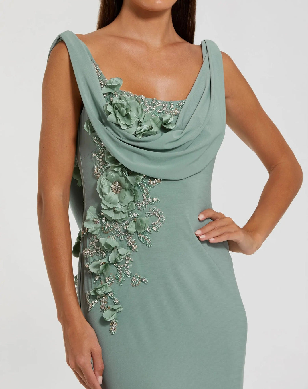 Green Sleeveless Jersey Cowl Neck Gown With Beading - FOSTANI.com