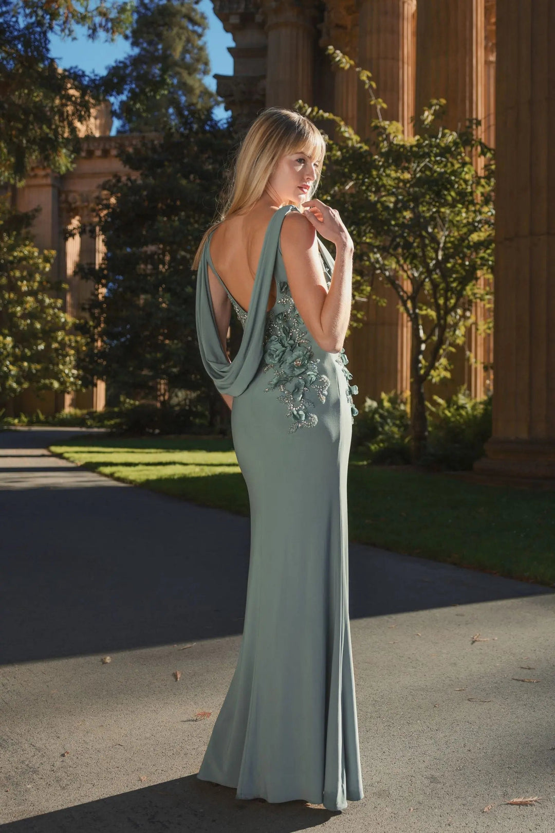 Green Sleeveless Jersey Cowl Neck Gown With Beading - FOSTANI.com